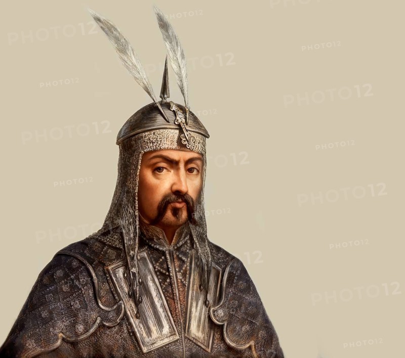 Genghis Khan, Dschingis Khan, or Chinggis Khan, born Temüjin, Temüdschin or Temüüdschin, c.?1162 – 1227, also known as Chinggis Khan, founder and first khan of the Mongol Empire, digitally edited based on a historical illustration of a 1278 portrait taken from a Yuan - Era album