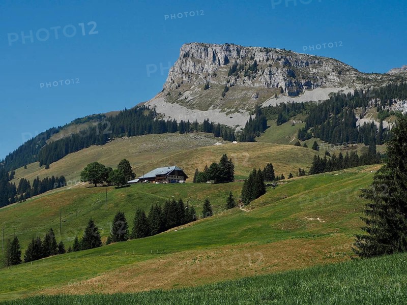A traditional alpine hut building on green meadows at the foot of a distinctive mountain peak, UNESCO Entlebuch Biosphere, Switzerland