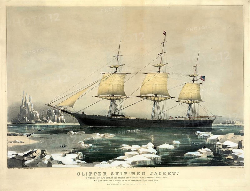 Lithograph of the famous clipper ship Red Jacket in the ice off Cape Horn. The ship's dangerous passage from Australia to Liverpool in August 1854, when it was in floating ice and between icebergs near Cape Horn, authentic, digitally restored reproduction in high resolution from a 19th century original, exact date of presentation unknown, American history, historical