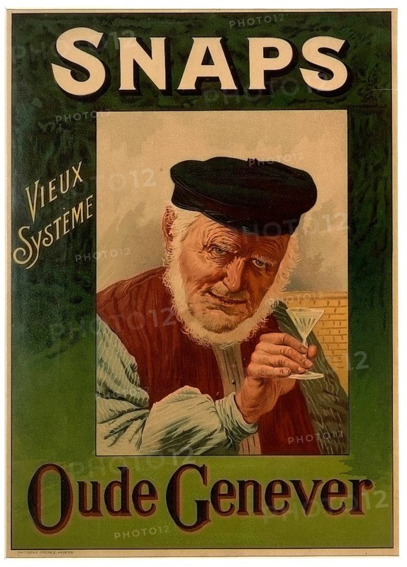 Advertising poster, beverage advertisement, advertising poster from 1911 for Snaps Oude Genever from the Belgian distillery De Beukelaer. The poster was designed by Cassiers and depicts an elderly man in traditional clothing holding a glass of Genever, authentic reproduction of a historical advertising poster, advertising sign, in high resolution, historical
