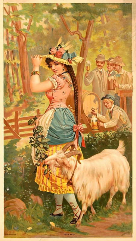 Advertising poster, beverage advertisement, advertising poster for White buck beer from 1889, designed by Henry Jerome Schile. A young woman in traditional clothing known as a Beer Maid stands next to a white goat while men drink beer in the background. The goat is a play on words and symbol for bock beer, authentic reproduction of a historical advertising poster, advertising sign, in high resolution, historical
