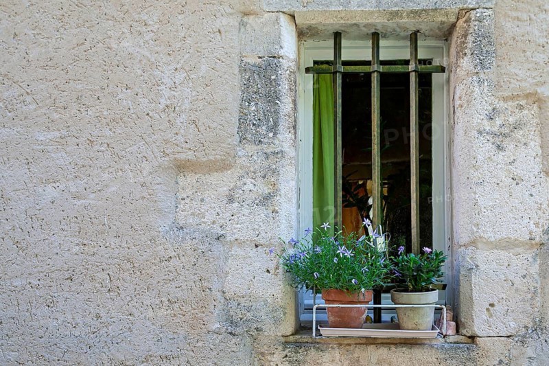 House façade with latticed window and two flower pots, Provence, France
