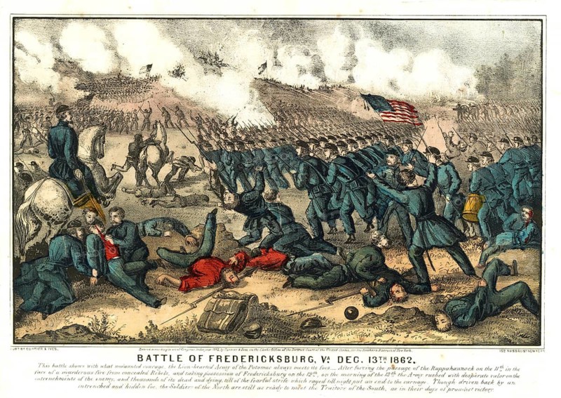 The lithograph *Battle of Fredericksburg, Va., 13 December 1862* depicts a scene from the bloody battle during the American Civil War. The actual battle took place from 11 to 15 December 1862 near Fredericksburg, Virginia. Union forces (the Northern states) under General Ambrose E. Burnside fought against the Confederates (the Southern states) under General Robert E. Lee. The battle ended in a heavy defeat and heavy losses for the Northerners, as they charged against the heavily entrenched Southern troops. American history, authentic, digitally restored reproduction of a 19th-century original, exact date of the depiction unknown, historical