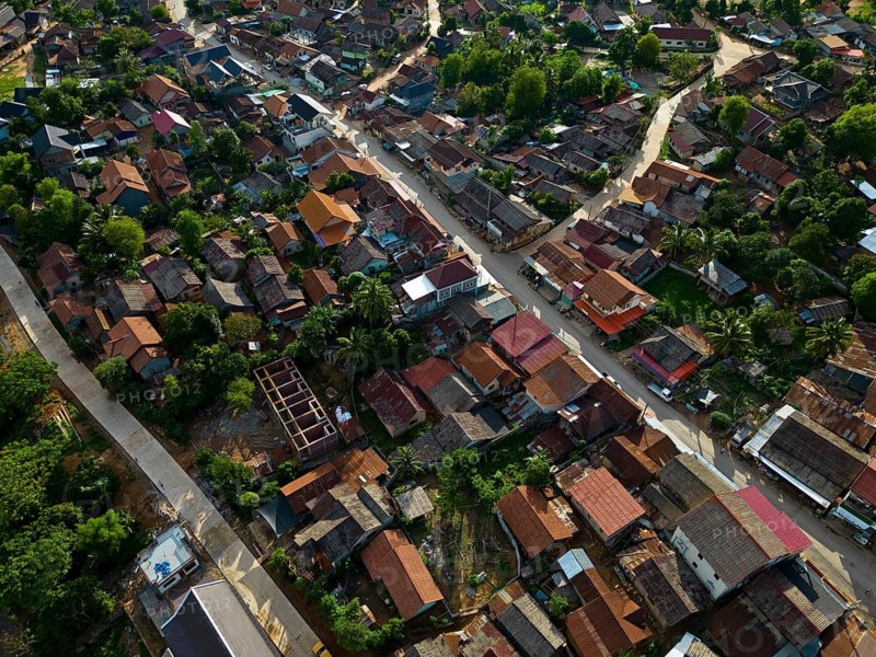 Aerial view, mountain landscape with part of the village of Nong Khiaw on the banks of the Nam Ou River, Nong Khiaw, northern Laos, Louangphrabang Province, Laos
