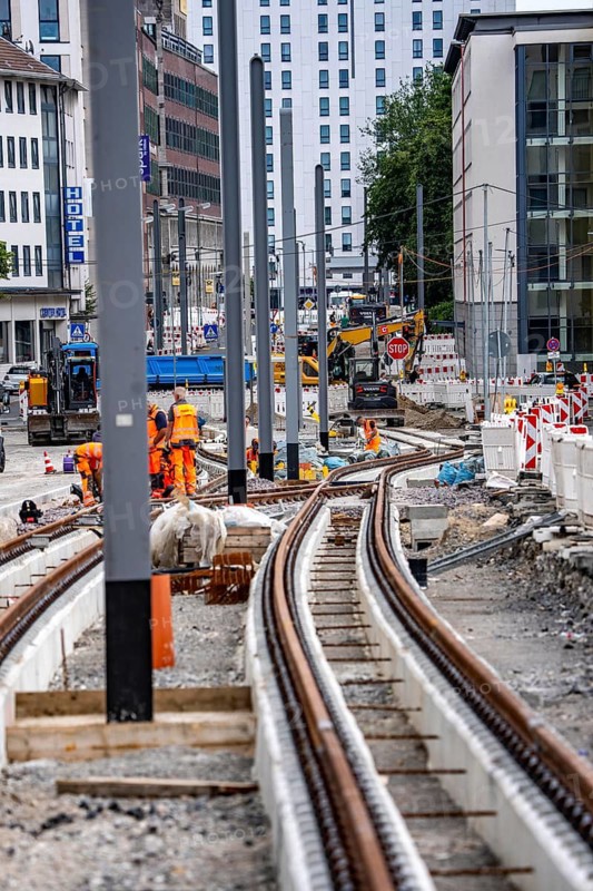 Large construction site in the city center of Essen, Hachestraße, the construction of new tracks for the new Stadtbahn-Essen, a new tram line in the city center that will connect the west of the city with the new Essen-51 district, North Rhine-Westphalia, Germany