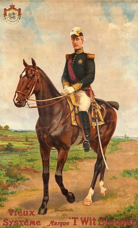 Advertising poster, beverage advertisement, advertising poster by J.L. Goffart from 1909 for a product called Vieux Système, Marque'T Wit Stoopke, It shows a detailed color lithograph of a military officer in uniform on horseback. The style is typical of historical military representations of the late 19th or early 20th century, authentic reproduction of a historical advertising poster, advertising sign, in high resolution, historical
