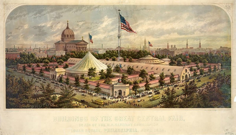 Buildings of the Great Central Fair, called the Great Sanitary Fair, which took place in Logan Square in Philadelphia, Pennsylvania, in June 1864. The fair was a fundraising and charity event organized by civilian citizens for the benefit of the United States Sanitary Commission. It was used to collect funds and medical and hygienic supplies for wounded and sick Union Army soldiers during the American Civil War, authentic, digitally restored reproduction in high resolution from a 19th century original, exact date of presentation unknown, American history, historical