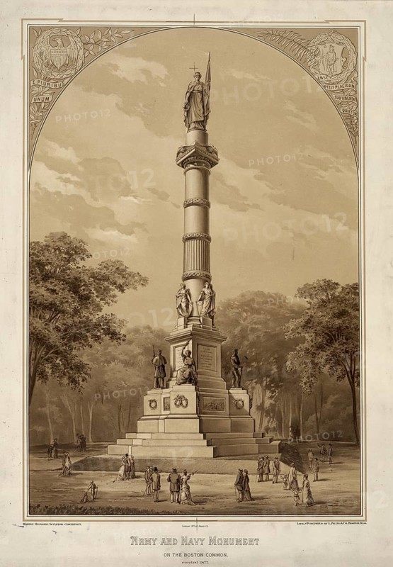 Image shows the Army and Navy Monument, Soldiers' and Sailors' Monument, in Boston Common in Boston, Massachusetts, built in 1877, American history, authentic, digitally restored reproduction from a 19th century original, exact date of depiction unknown, historical