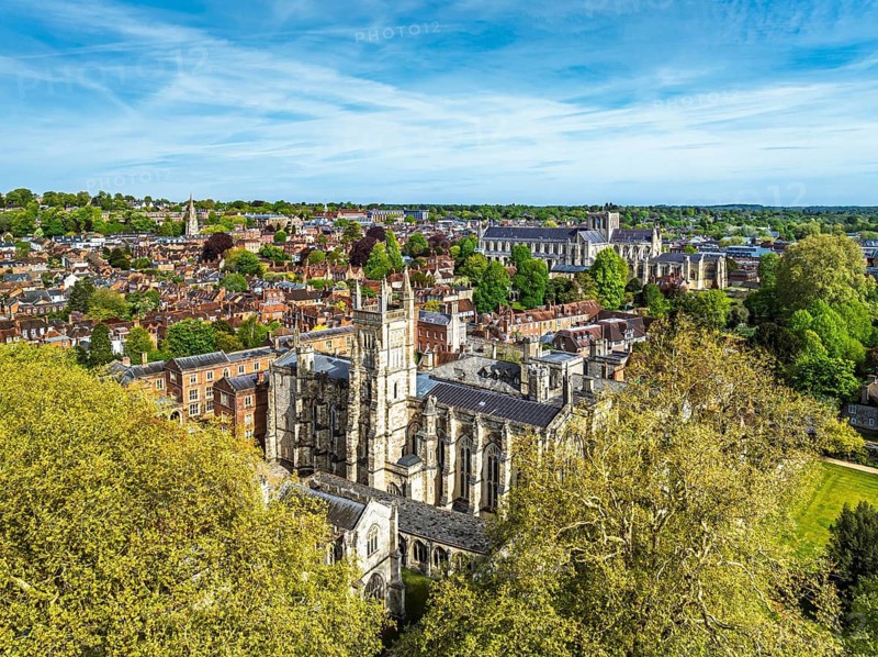 Winchester Cathedral from a drone, Winchester, Hampshire, England, United Kingdom