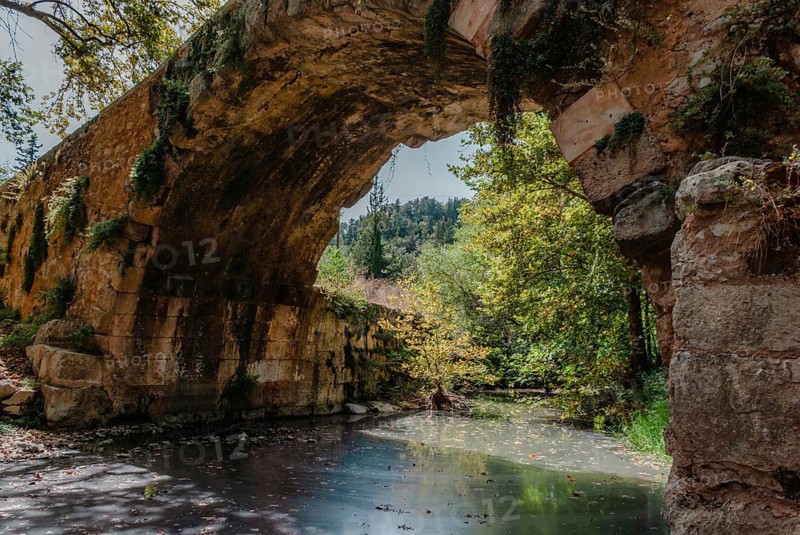 Greco-Roman Bridge across the river in Vrises, Crete, Greece, An old stone arch bridge over a tranquil river surrounded by lush greenery and sunlight, Crete, Greece