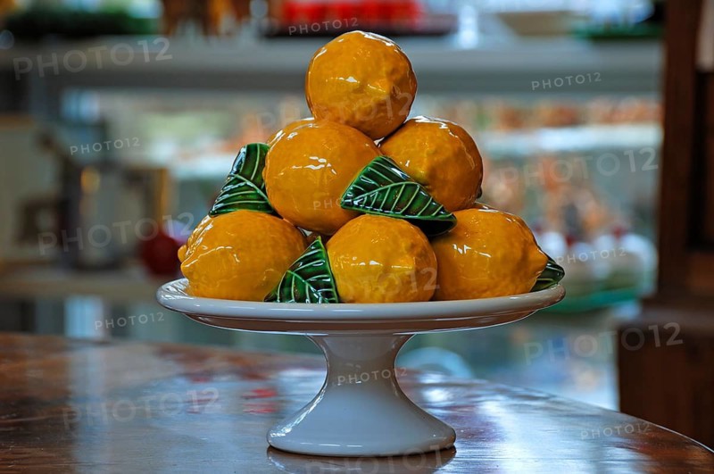 Lemons with porcelain leaves in a bowl, Villa Ambiente, Nuremberg, Mttelfranken, Bavaria, Germany