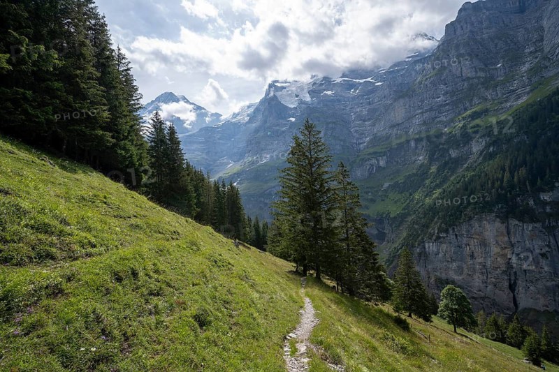 Picturesque mountain landscape on Mettlenalp with Mönch and Jungfrau peaks, Bernese Alps, Bernese Oberland, Switzerland