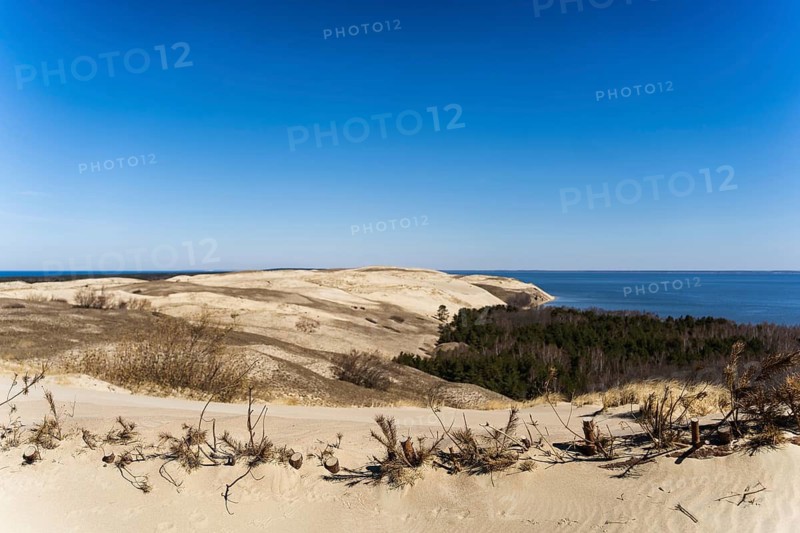 The Gray Dunes, or the Dead Dunes is sandy hills with a bit of green specks at the Lithuanian side of the Curonian Spit, Peaceful sand dunes with clear blue sky and ocean in the background, Curonian Spit, Neringa, Lithuania