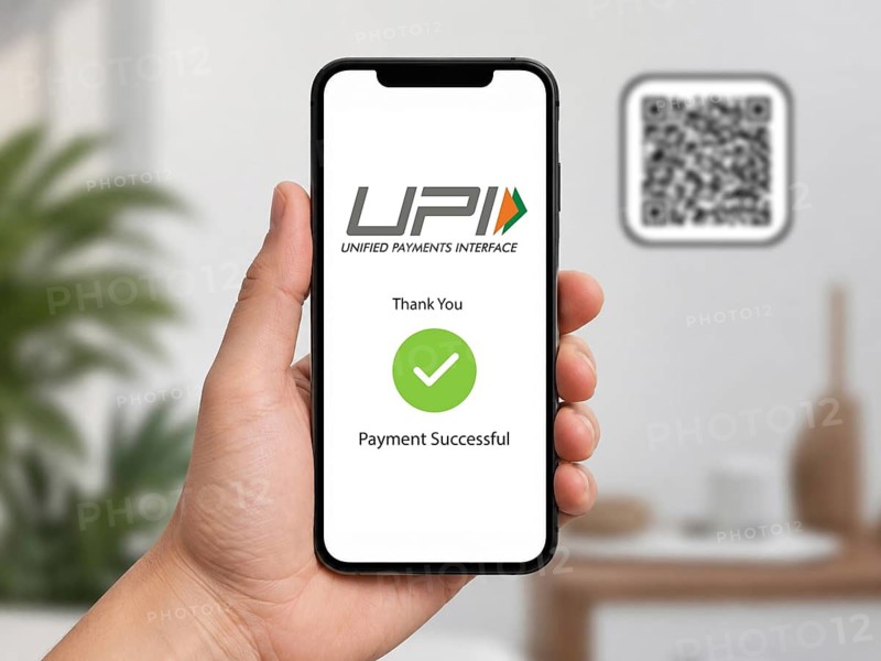 In this photo illustration, A hand holds a smartphone displaying a successful UPI digital payment confirmation, with a QR code visible in the softly blurred background, in India on 15 August 2026