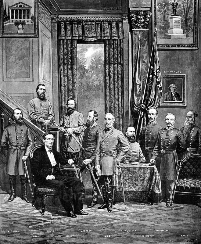 President Jefferson Davis in 1883, seated amongst prominent Confederate commanders during the American Civil War (1861–1865) . Those pictured include President Jefferson Davis and Generals Robert E. Lee, Stonewall Jackson, J.E.B. Stuart, James Longstreet, Joseph E. Johnston, Pierre G. T. Beauregard, A.P. Hill, John Bell Hood and Jubal Early. The image is one of the earliest known examples of a photomontage, originally created for promotional purposes for an insurance company, American history, authentic, digitally restored high-resolution reproduction of a 19th-century original, exact date of the depiction unknown, historical