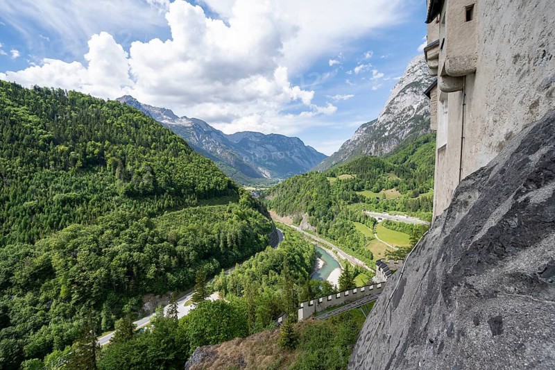 View from the castle of the Lueg Pass with the Salzach river, Hohenwerfen Fortress, Pongau, Salzburg state, Austria