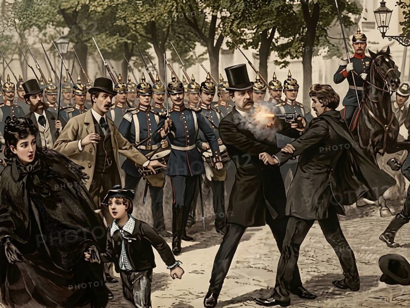 Shots fired at Otto von Bismarck, German politician and statesman, Prime Minister in Prussia, Reich Chancellor of the German Empire, Ferdinand Cohen-Blind, assassination attempt, historical figure, digitally edited