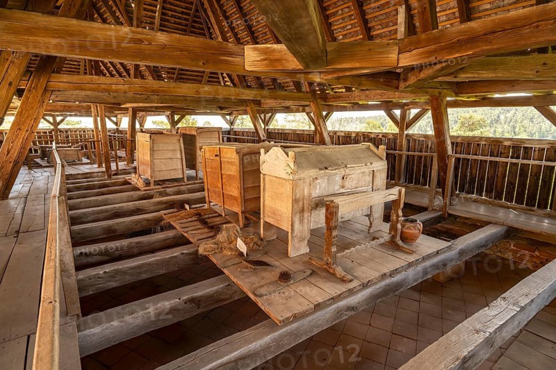 Exhibition in the interior of the Saxon fortified church in Viscri or Deutsch-Weisskirch, Transylvania, Romania