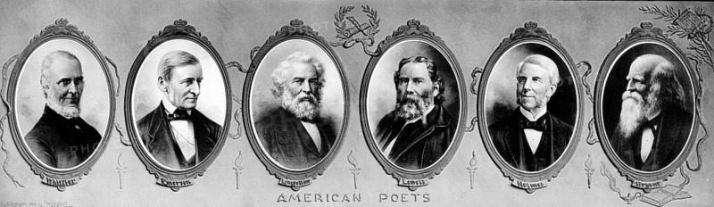 Historical print featuring notable 19th-century American poets (the so-called ‘Fireside Poets' or ‘American Poets') . Figures depicted (from left to right) : John Greenleaf Whittier, Ralph Waldo Emerson, Henry Wadsworth Longfellow, James Russell Lowell, Oliver Wendell Holmes Sr. and William Cullen Bryant, American history, authentic, digitally restored reproduction of a 19th-century original, exact date of the image unknown, historical