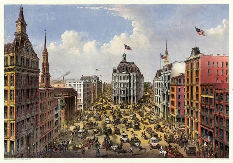 The view shows busy Broadway in Lower Manhattan from the newly built Western Union Telegraph Building heading north, with the distinctive old post office building in the background. The street is teeming with historic horse showers, carriages, streetcars and pedestrians from the late 19th century, authentic, digitally restored reproduction in high resolution from a 19th-century model, exact date of depiction unknown, American history, historical