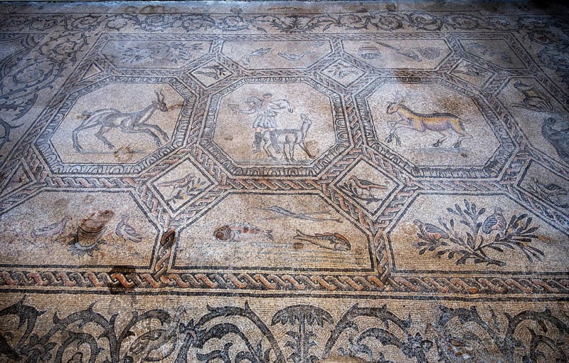 Detailed floor mosaic with depictions of people and animals, Basilica di Santa Maria Assunta, Basilica of Aquileia, UNESCO World Heritage Site, Aquileia, Friuli, Italy