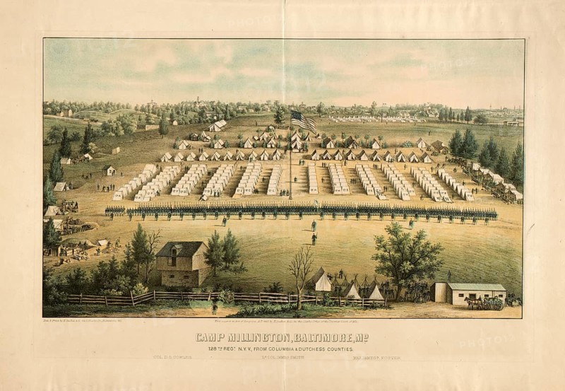 1862 bird's eye view of Camp Millington in Baltimore, Maryland, which housed the 128th New York Infantry Regiment, authentic, digitally restored reproduction in high resolution from a 19th-century original, exact date of presentation unknown, American history, historical
