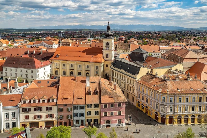 Old town and Catholic parish church of the Holy Trinity seen from above, Sibiu or Sibiu, Transylvania, Romania