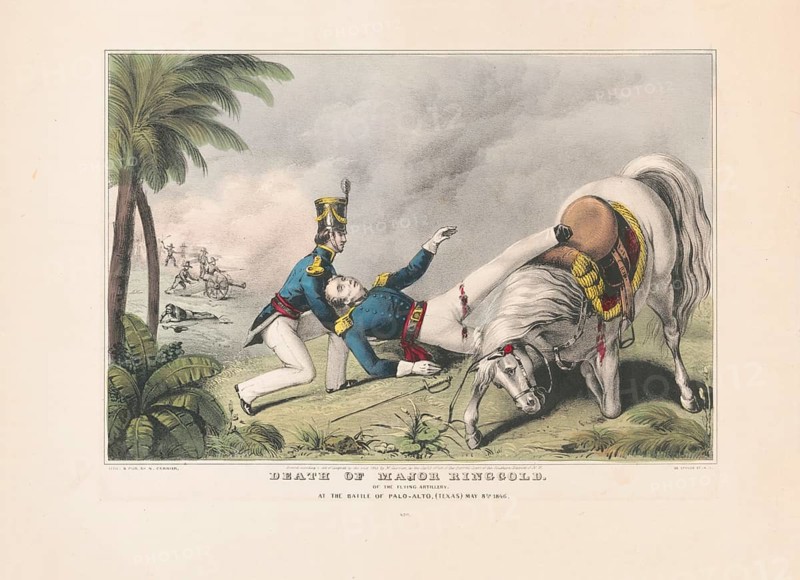 Lithographic print Death of Major Ringgold at the Battle of Palo-Alto shows the fatal accident of US Major Samuel Ringgold during the Mexican-American War. Depicted is the Battle of Palo Alto on May 8, 1846 in Texas, in which Ringgold was wounded, American history, authentic, digitally restored reproduction in high resolution from a 19th-century original, exact date of depiction unknown, historical