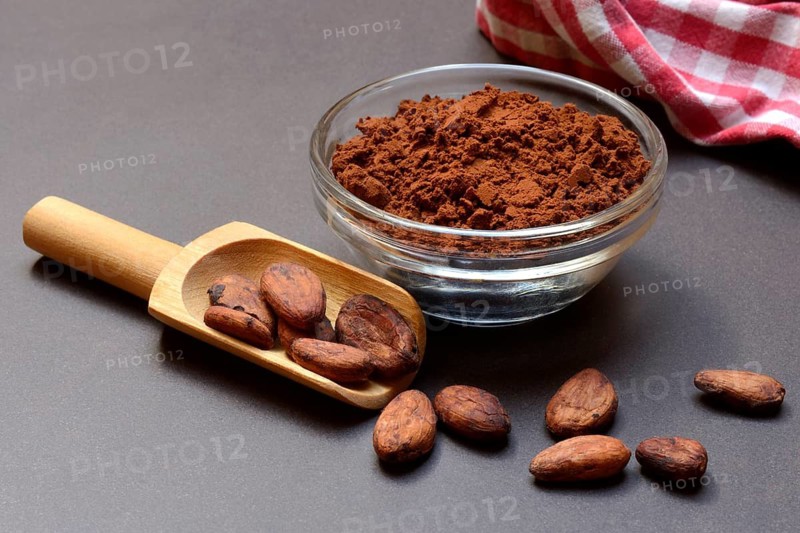 Cocoa powder in glass shell and cocoa beans
