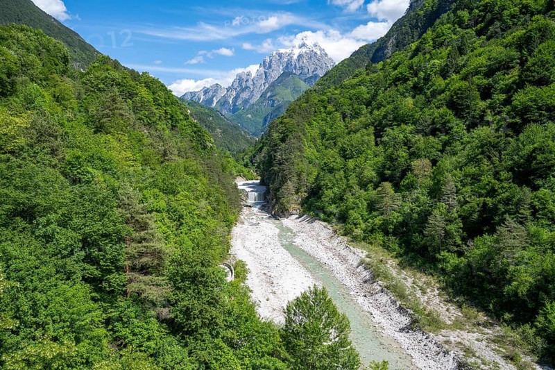 Dogna river and Jof di Montasio mountain peak, Julian Alps, Dogna, Eisental, Friuli-Venezia Giulia, Italy