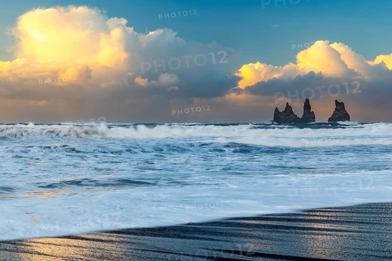 Reynisdrangar pinnacles, lava sandy beach, waves, sea, clouds, winter, Vik, Iceland, Scandinavia