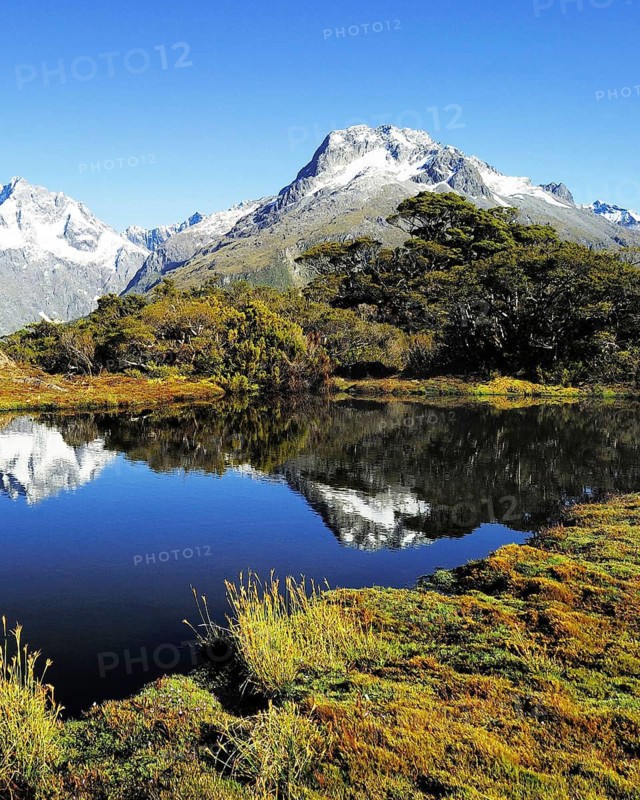 Key Summit with reflection of Mt. Christina, Fjordland National Park, World Heritage Site South West New Zealand, West Coast, South Island of New Zealand
