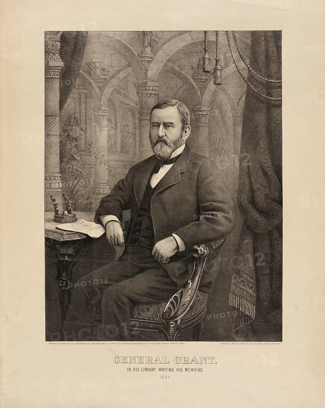 Ulysses S. Grant, the 18th President of the United States and Commander-in-Chief of the Union Army in the American Civil War. The picture was taken in Grant's last year of life while he was seriously ill with throat cancer and was writing his successful memoirs under great time pressure in order to financially secure his family, American history, authentic, digitally restored reproduction in high resolution from a 19th century original, exact date of presentation unknown, historical