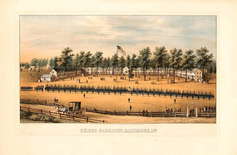 Belger Barracks, also known as Camp Belger, in Baltimore, Maryland, during the American Civil War, 1962, authentic, digitally restored high resolution reproduction from a 19th-century model, exact date of depiction unknown, American history, historical