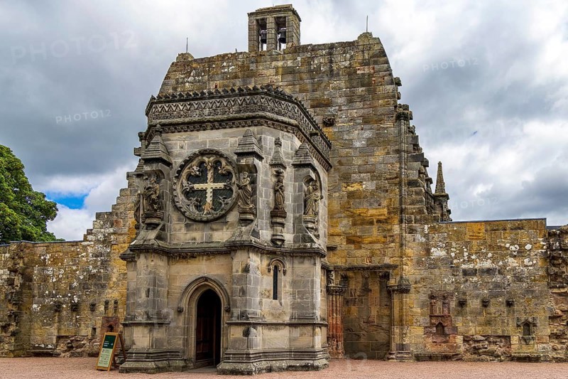 Used as a film set for The Da Vinci Code, the octagonal porch and bell tower of 15th century Rosslyn Chapel in Roslin, Midlothian, Scotland, United Kingdom