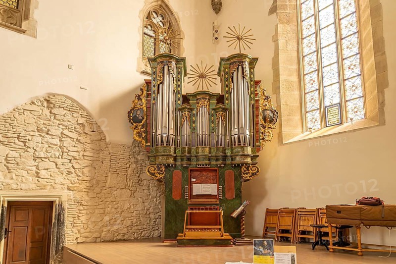 Cock church organ in the interior of the Lutheran parish church in Sibiu or Sibiu, Transylvania, Romania