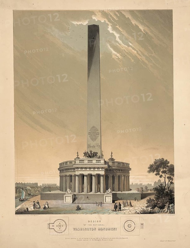 Lithograph from 1846 by Charles Fenderich based on the original but never fully realized design by architect Robert Mills for the Washington Monument. For reasons of cost and due to changed plans, the round portico at the foot was finally omitted, so that today only the famous, simple obelisk stands in Washington, D.C., American history, authentic, digitally restored reproduction in high resolution from a 19th century original, exact date of presentation unknown, historical