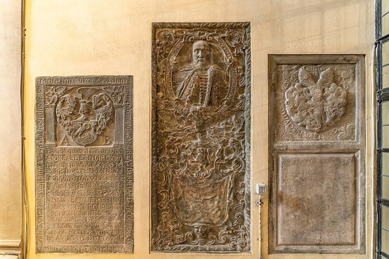 Tombstones in the interior of the Black Church in Brasov or Kronstadt, Transylvania, Romania
