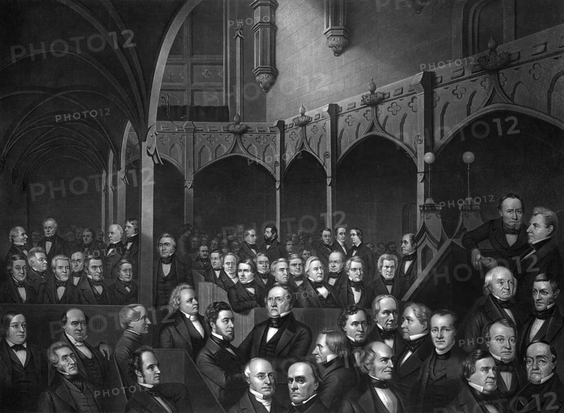 Distinguished Americans at a Meeting of the New York Historical Society, a fictional or idealized assembly of numerous important 19th-century American personalities in a neo-Gothic hall. Well-known statesmen stand out in the middle of the front rows, including Daniel Webster, American History, authentic, digitally restored reproduction in high resolution from a 19th-century original, exact date of presentation unknown, historical