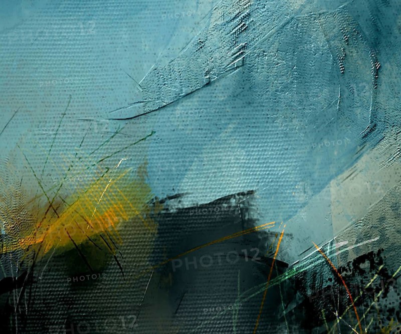 Professional abstract oil painting fragment featuring deep azure and cobalt blue tones, bold black contrasts, and striking yellow accents on a heavily textured canvas surface