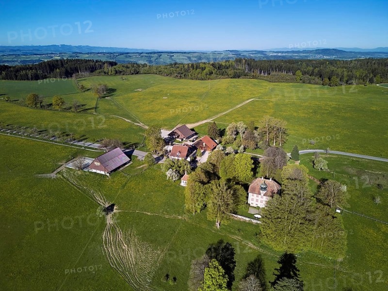 Horben viewpoint with castle and restaurant, Beinwil, Freiamt, Canton of Aargau, Switzerland