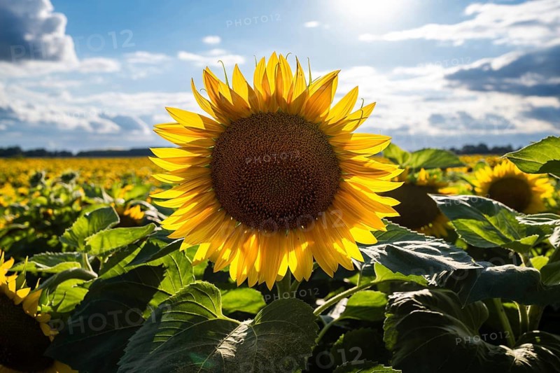 Bright sunflower (Helianthus annuus) blooming under blue sky with white clouds, photographed from a low angle on a sunny summer day in an agricultural field in Poland