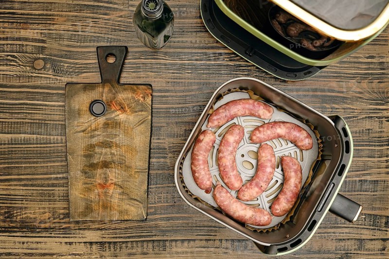 Banger sausages in air fryer basket on kitchen counter. Wooden cutting board is placed next to air fryer. Cooking homemade sausages using time-saving electrical device