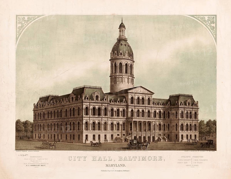 Baltimore City Hall, in the U.S. state of Maryland in 1871, designed by architect George A. Frederick, authentic, digitally restored high resolution reproduction from a 19th-century model, exact date of depiction unknown, American history, historical