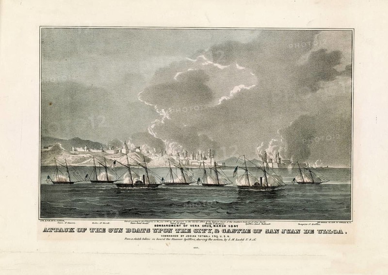 Attack by US gunboats and the steamer Spitfire on the city and fortress of San Juan de Ulloa during the siege of Veracruz in the Mexican-American War in March 1847. The bombing of Veracruz and the fortress of San Juan de Ulloa by the US Navy under the command of Josiah Tattnall in 1847, American history, authentic, digitally restored reproduction of a 19th-century original, exact date of presentation unknown, historical