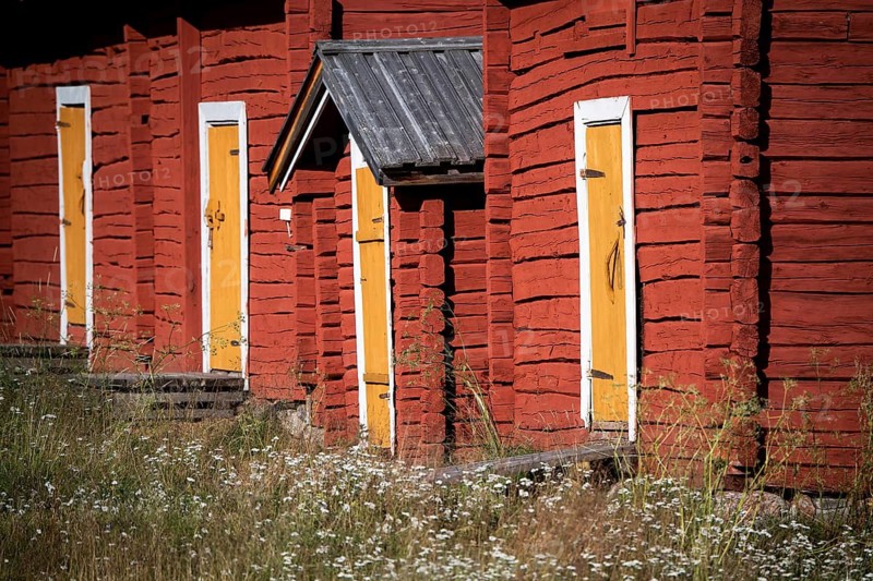 Detail, house entrances, wooden houses, old church houses at Mantojärvi, Utsjoki or Ohcejohka, Lapland, Finland