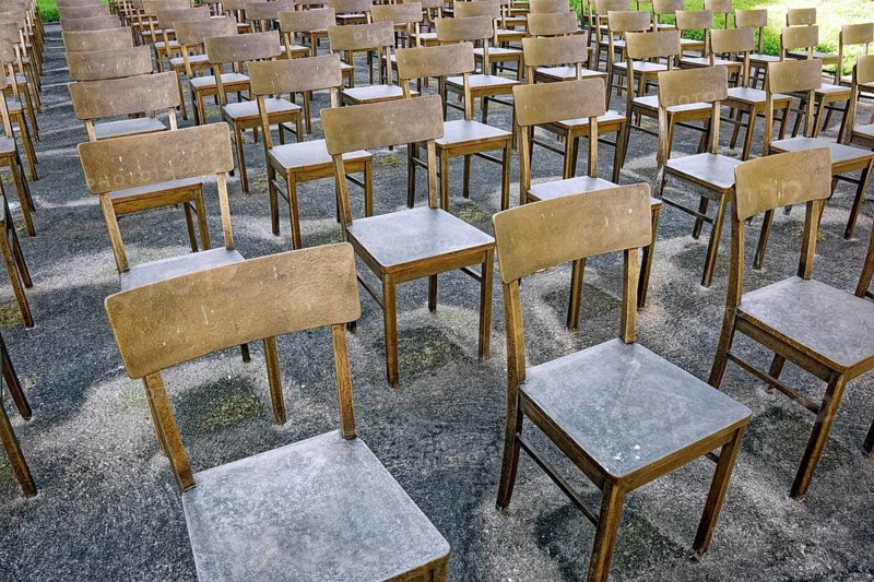 Bronze chairs, memorial on the site of the former synagogue of the Jewish community, destroyed in Kristallnacht, Leipzig, Saxony, Germany