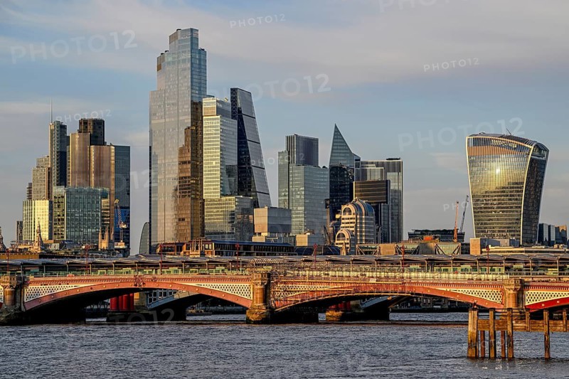 Blackfriars Bridge in front of the City of London skyline with skyscrapers 22 Bishopsgate, Leadenhall Building, Cheesegrater, and 20 Fenchurch Street, Walkie Talkie, Financial District, London, England, Great Britain, Great Britain