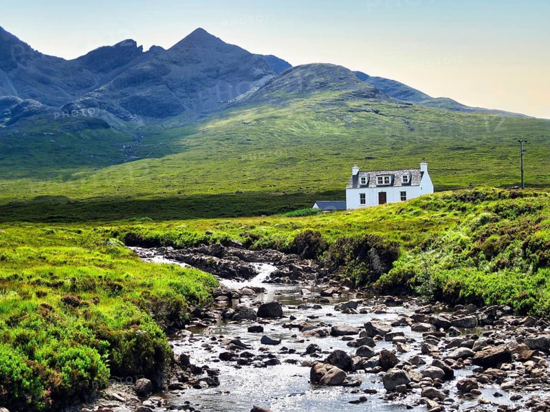 Allt Dearg Cottage, River Sligachan, riverbed with rocks, Black Cuillin mountain range, blue sky, hiking, Scottish island, Isle of Skye, Inner Hebrides, Scotland, United Kingdom