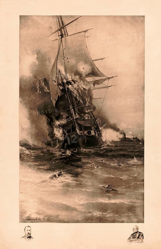 Depiction of the burning USS Congress during the Battle of Hampton Roads on March 8, 1862, The USS Congress ran aground during the battle and caught fire after heavy shelling, authentic, digitally restored reproduction in high resolution from a 19th century original, exact date of presentation unknown, American history, historical